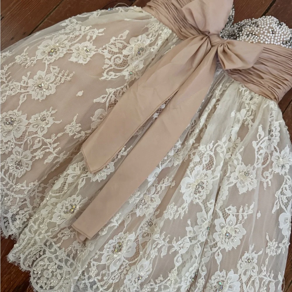 Sherri Hill Pink Strapless White Lace Hoco BabyDoll Dress Bow Short Mini Size 6 - Picture 3 of 12